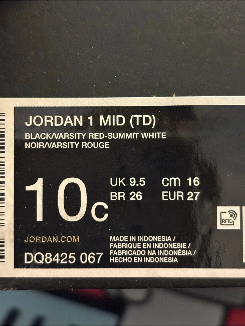 Jordan Jordan 1 Mid (TD) Black & Red Baby US 10c Like New
